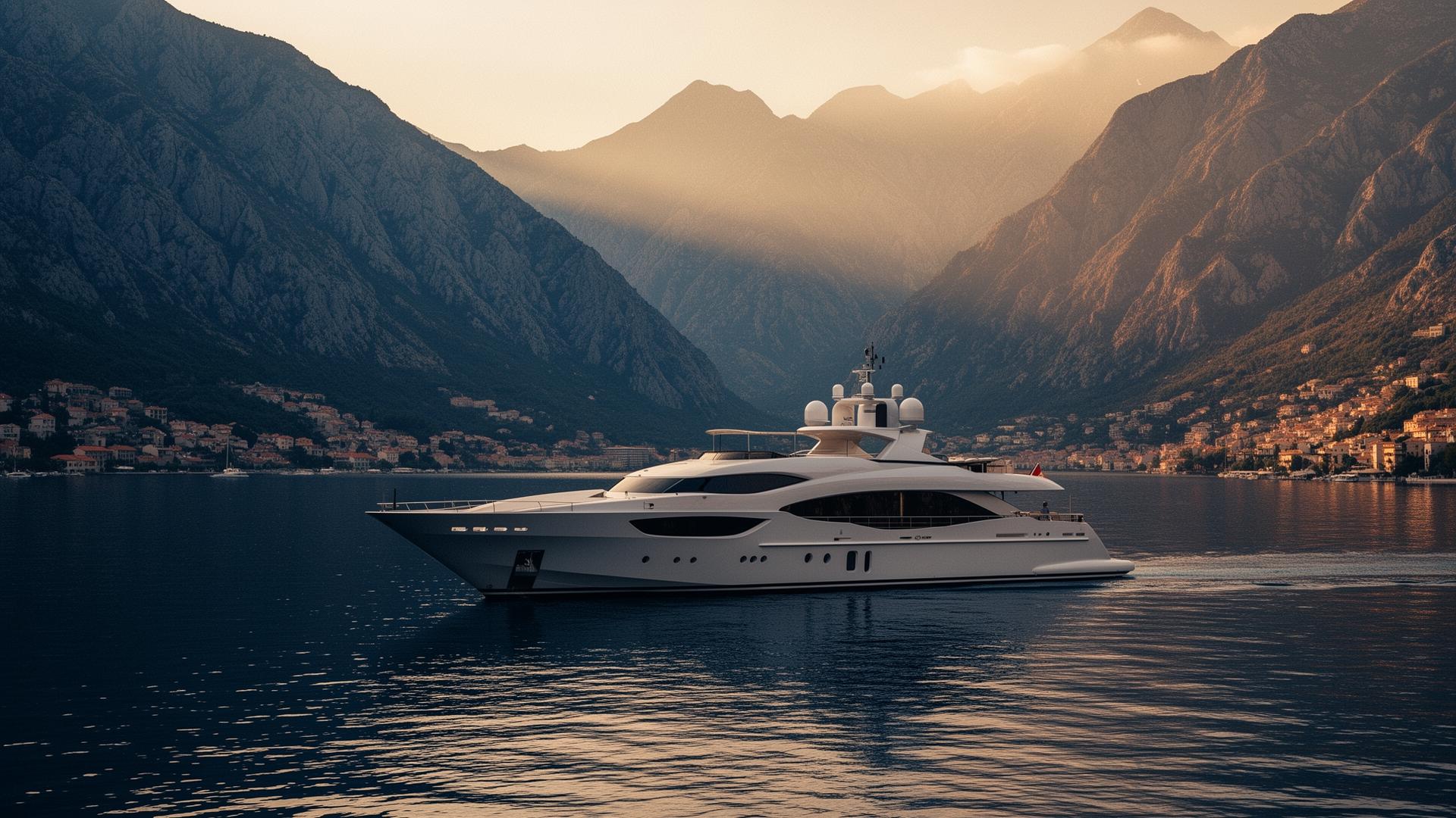 Superyacht moored in the Bay of Kotor at golden hour